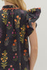 Botanical print short flutter sleeve top featuring pintuck bodice with embroidered trim V-neck