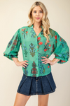 Printed button down top with 3/4 length gathered balloon sleeves