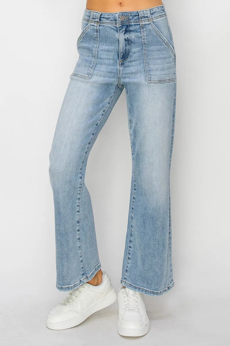 Risen high rise ankle flare patch pocket jeans