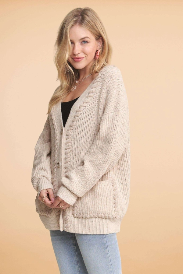 Long sleeve button down sweater cardigan with stitch accents