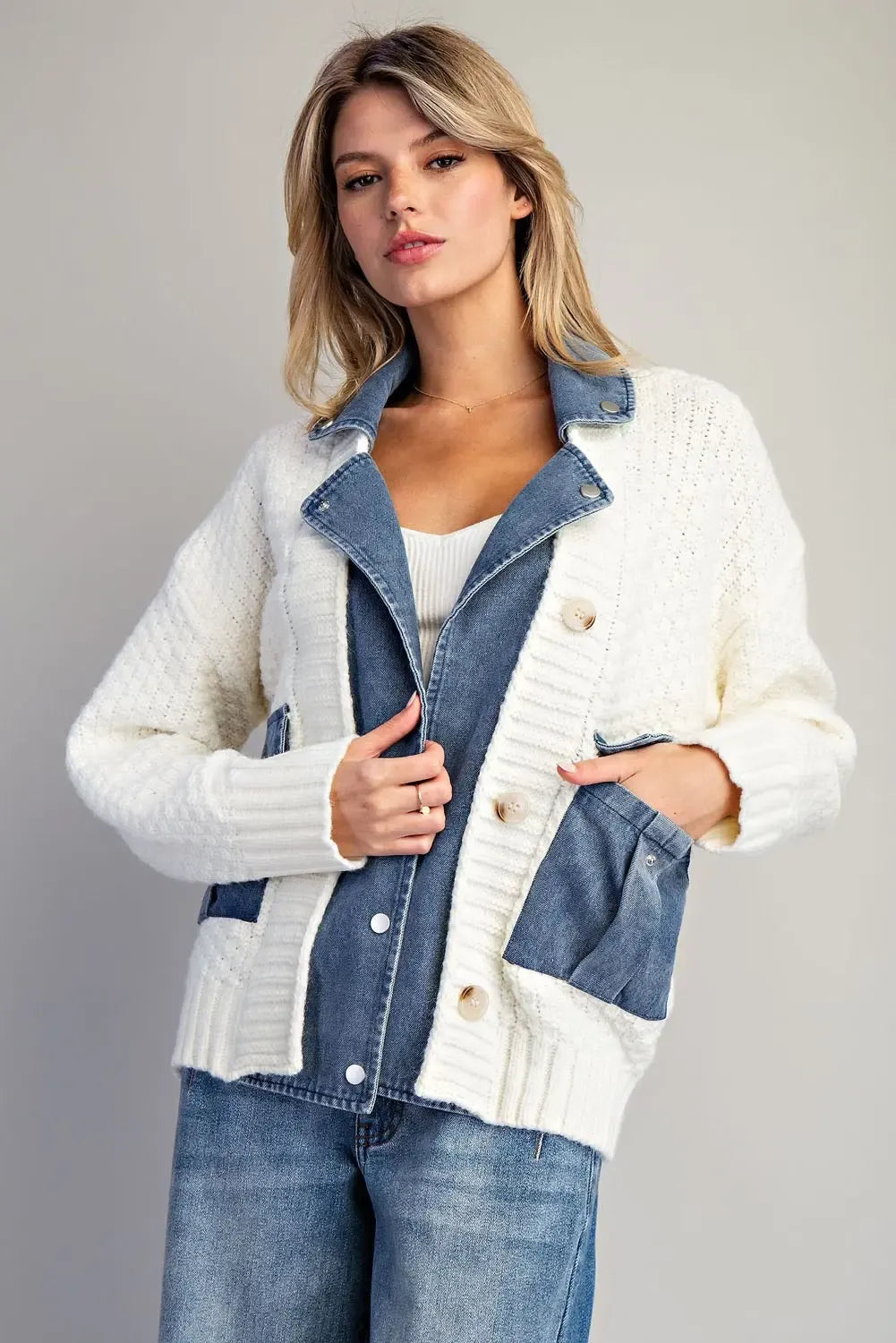 Denim knit mixed media jacket