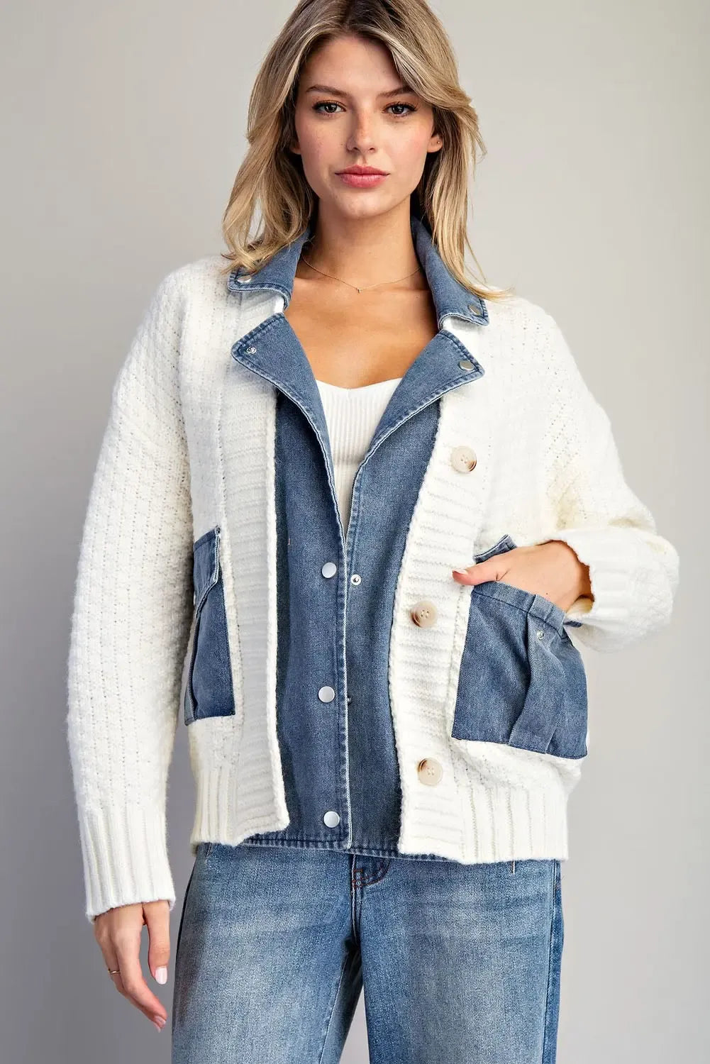 Denim knit mixed media jacket