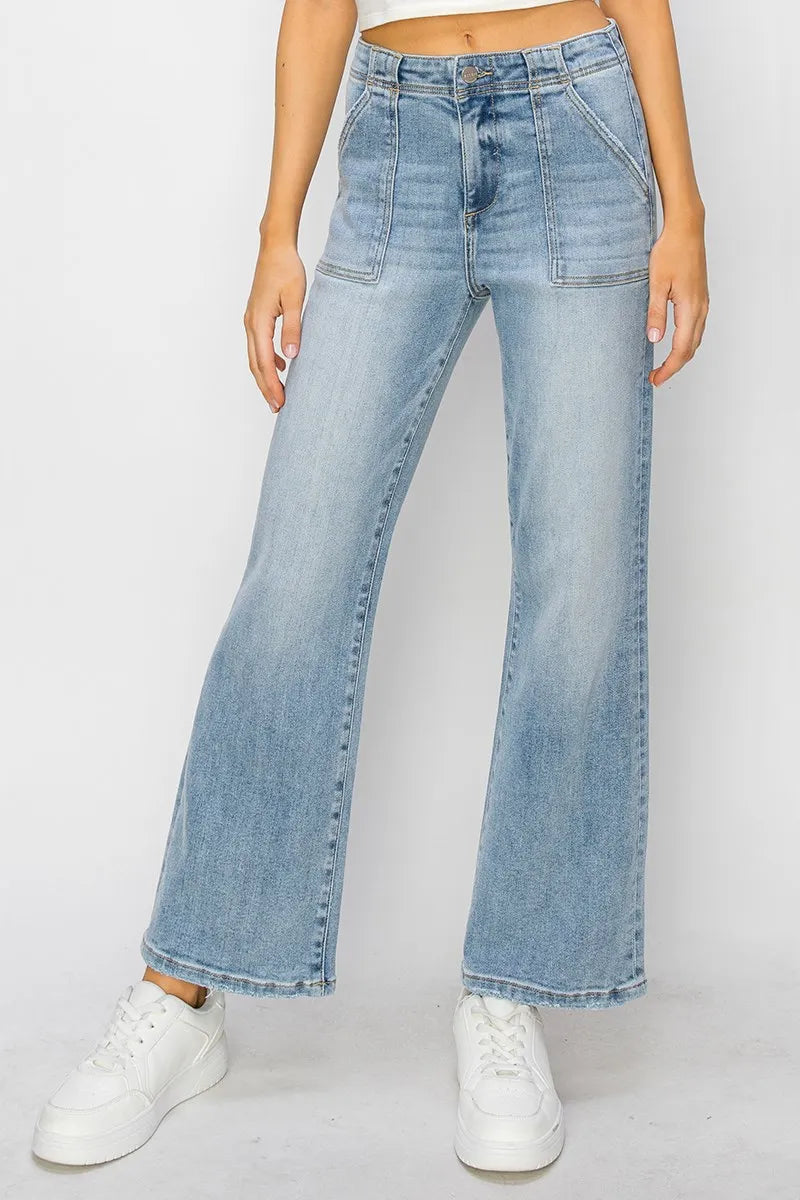 Risen high rise ankle flare patch pocket jeans