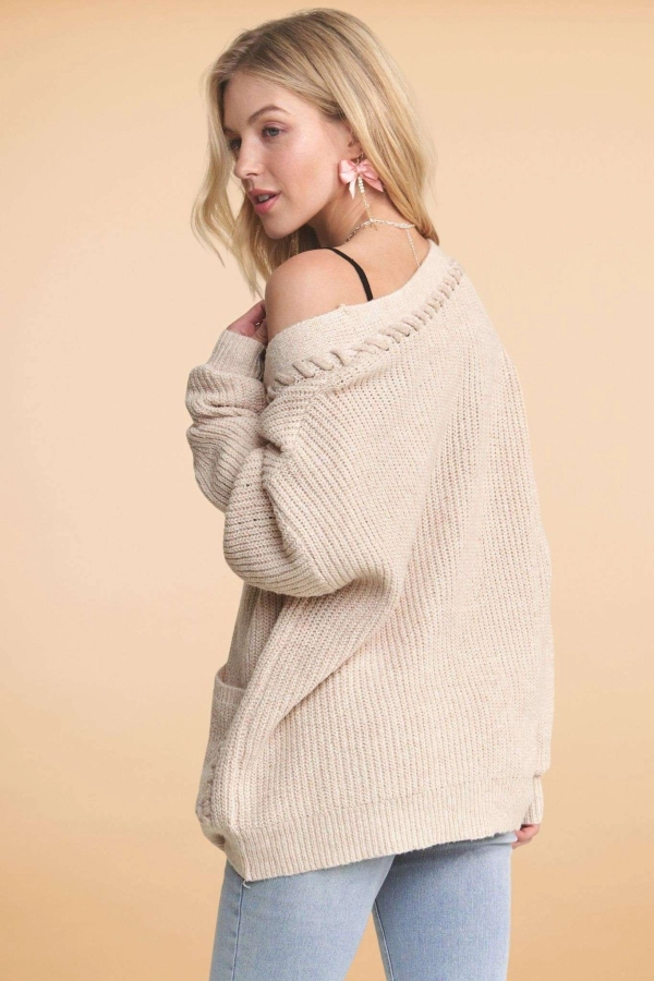 Long sleeve button down sweater cardigan with stitch accents