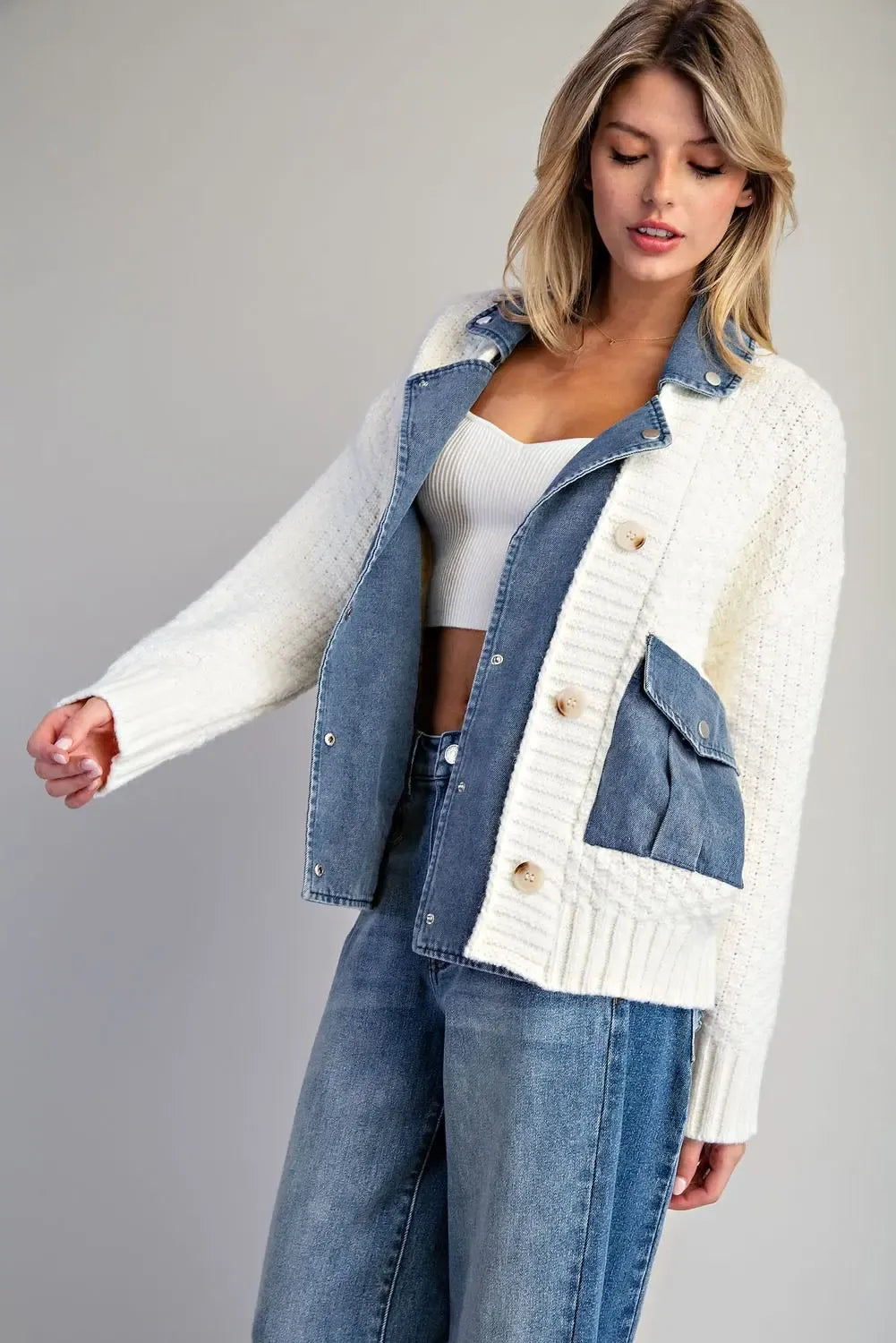 Denim knit mixed media jacket