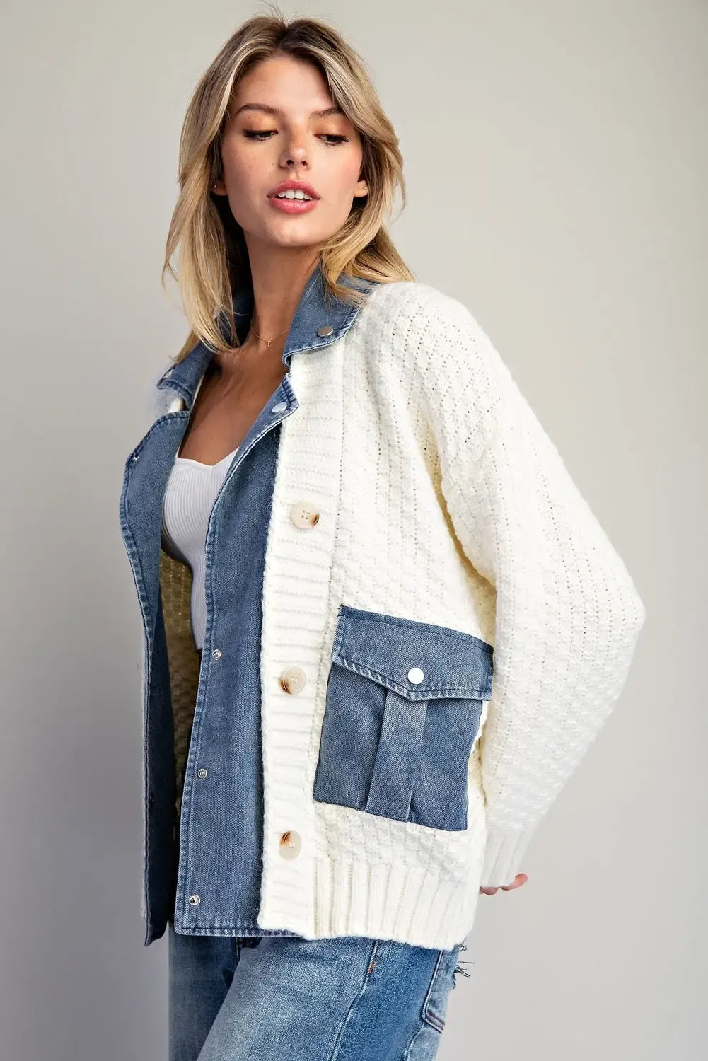 Denim knit mixed media jacket