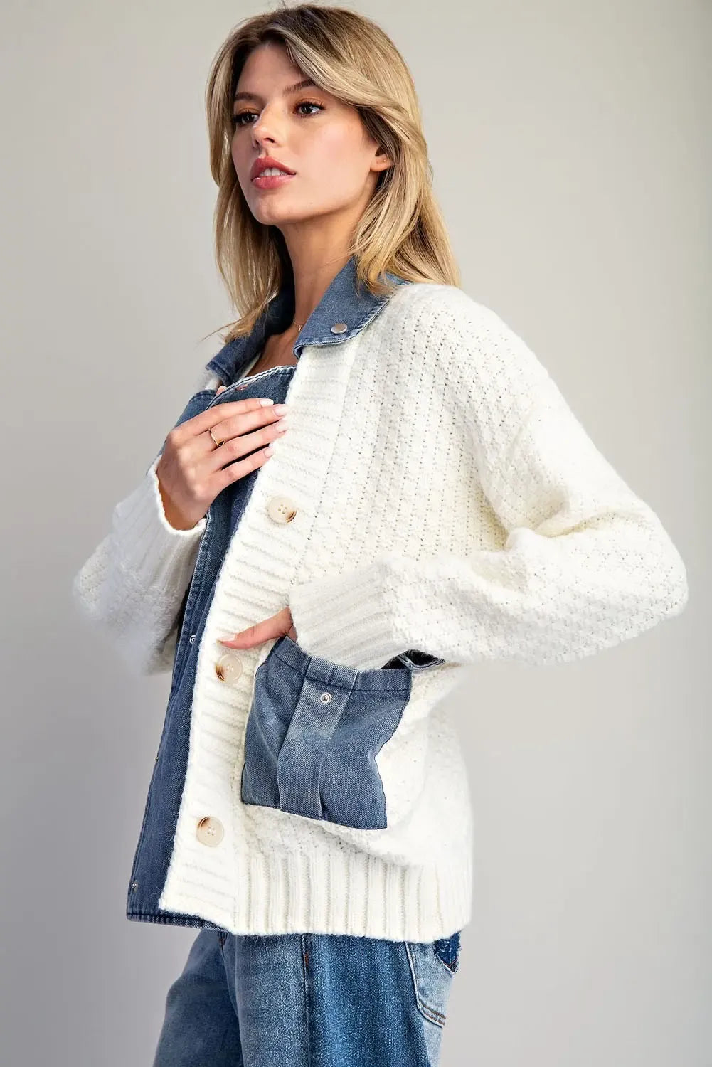 Denim knit mixed media jacket