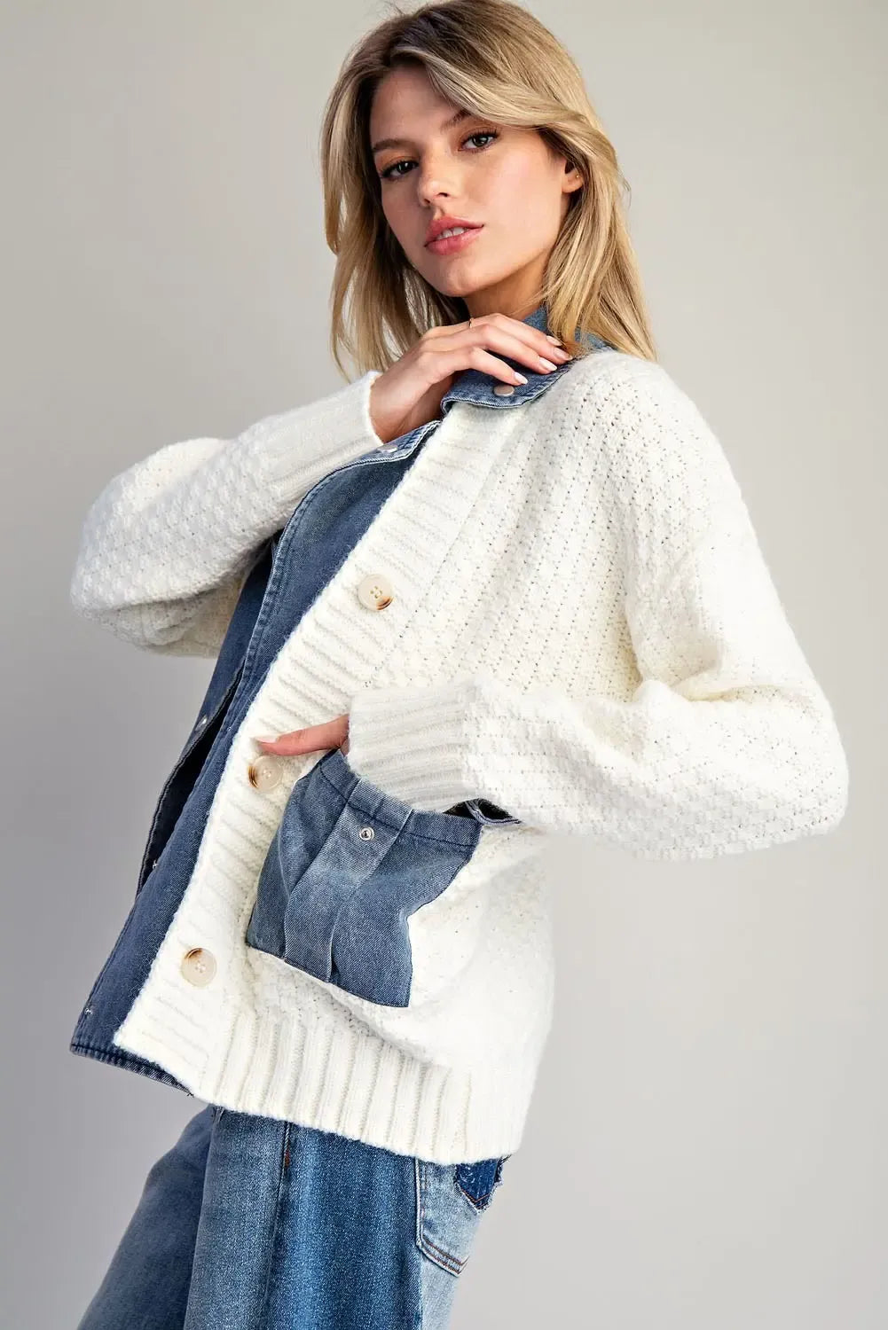 Denim knit mixed media jacket