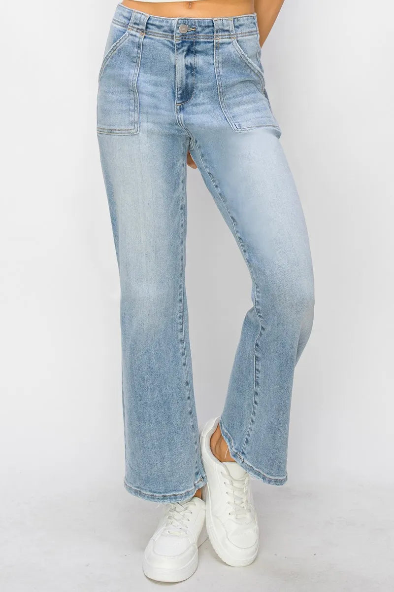 Risen high rise ankle flare patch pocket jeans