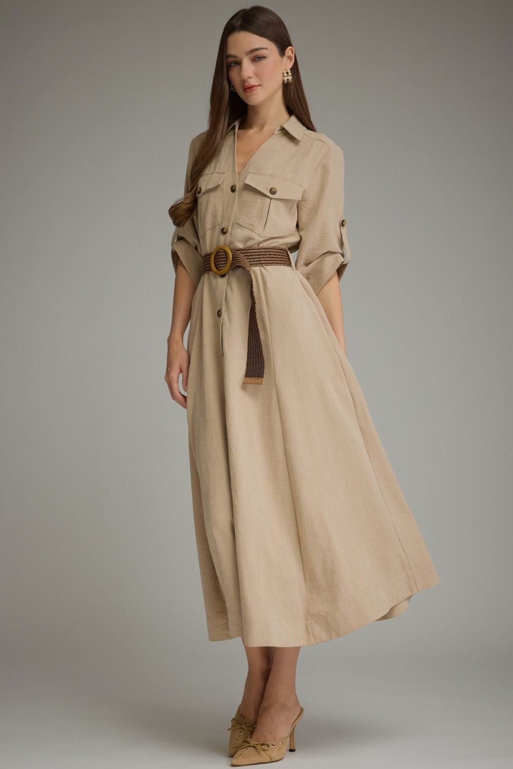 Solid ¾ roll-tab sleeve midi dress with belt