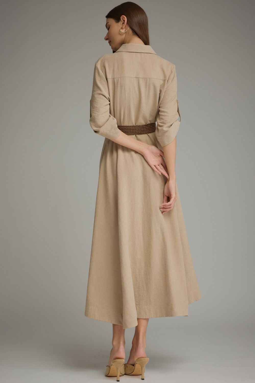 Solid ¾ roll-tab sleeve midi dress with belt