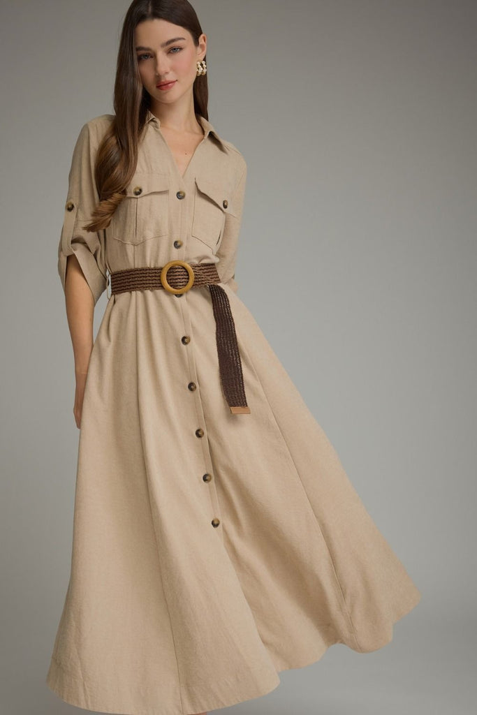 Solid ¾ roll-tab sleeve midi dress with belt