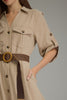 Solid ¾ roll-tab sleeve midi dress with belt
