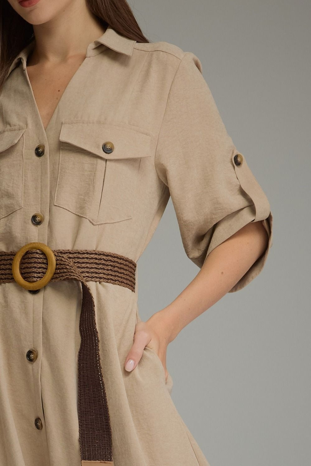 Solid ¾ roll-tab sleeve midi dress with belt