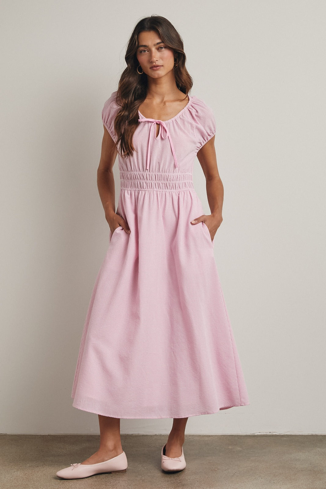 Gingham midi dress with front tie and smocked waist