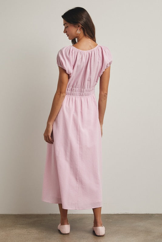 Gingham midi dress with front tie and smocked waist