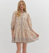 Floral print cuff band 3/4 sleeve ruffle hem mini dress