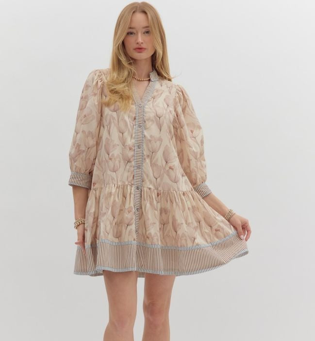 Floral print cuff band 3/4 sleeve ruffle hem mini dress