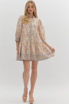 Floral print cuff band 3/4 sleeve ruffle hem mini dress