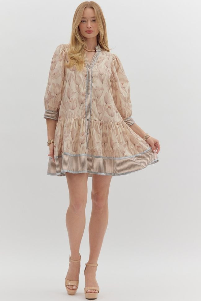 Floral print cuff band 3/4 sleeve ruffle hem mini dress
