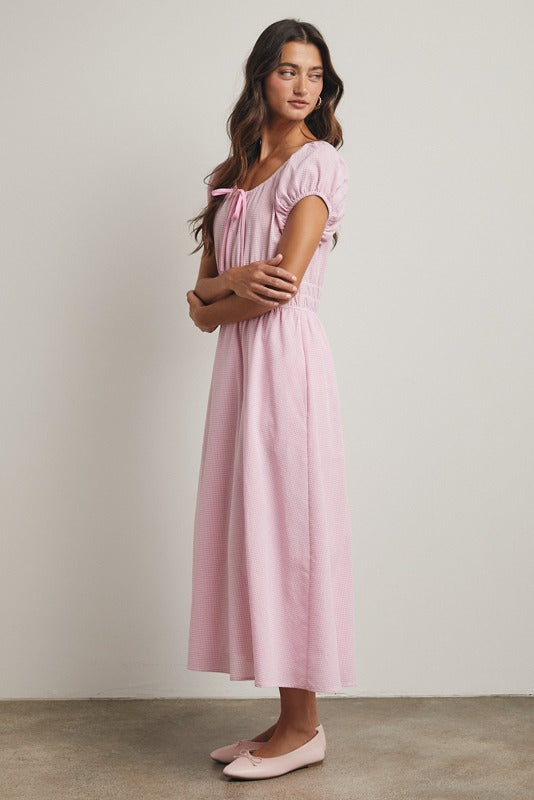 Gingham midi dress with front tie and smocked waist