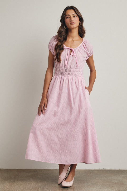 Gingham midi dress with front tie and smocked waist