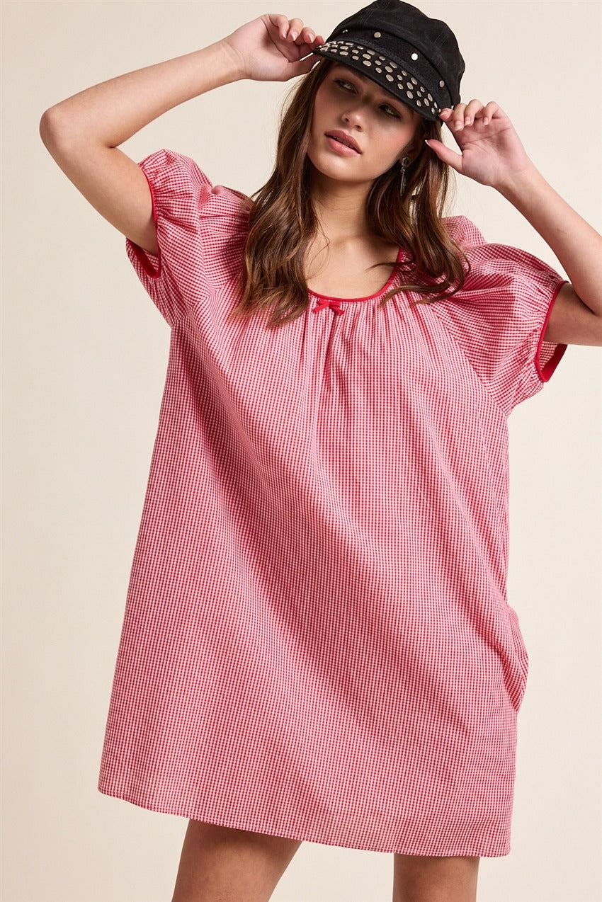 Gingham puff sleeve mini dress with side pockets