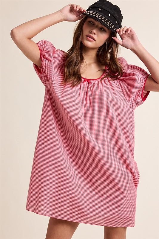 Gingham puff sleeve mini dress with side pockets