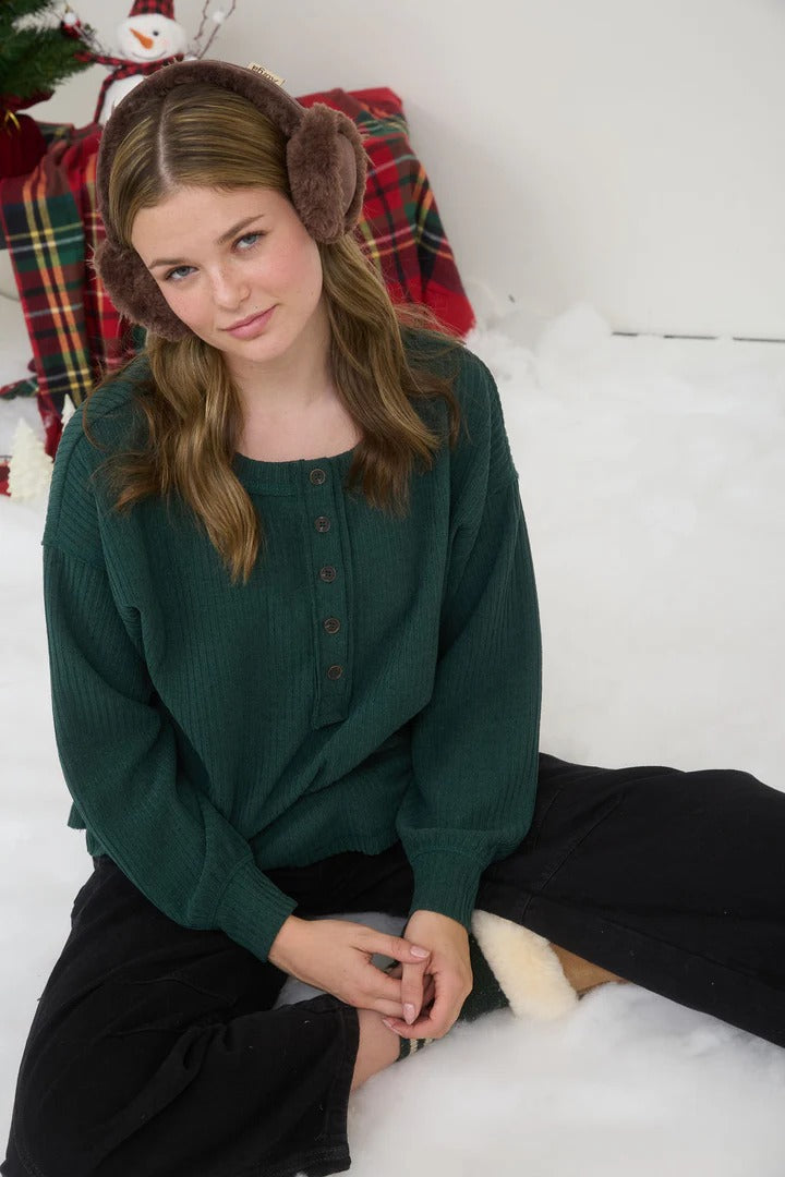 Ribbed henley long sleeve exposed seam knit top