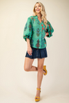 Printed button down top with 3/4 length gathered balloon sleeves