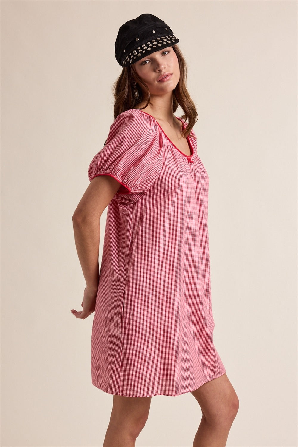 Gingham puff sleeve mini dress with side pockets