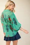 Printed button down top with 3/4 length gathered balloon sleeves