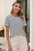 Spring Scalloped Trim Round Neck Stripe T Shirt