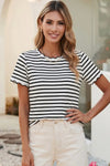 Spring Scalloped Trim Round Neck Stripe T Shirt