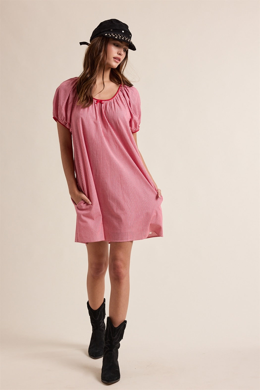 Gingham puff sleeve mini dress with side pockets