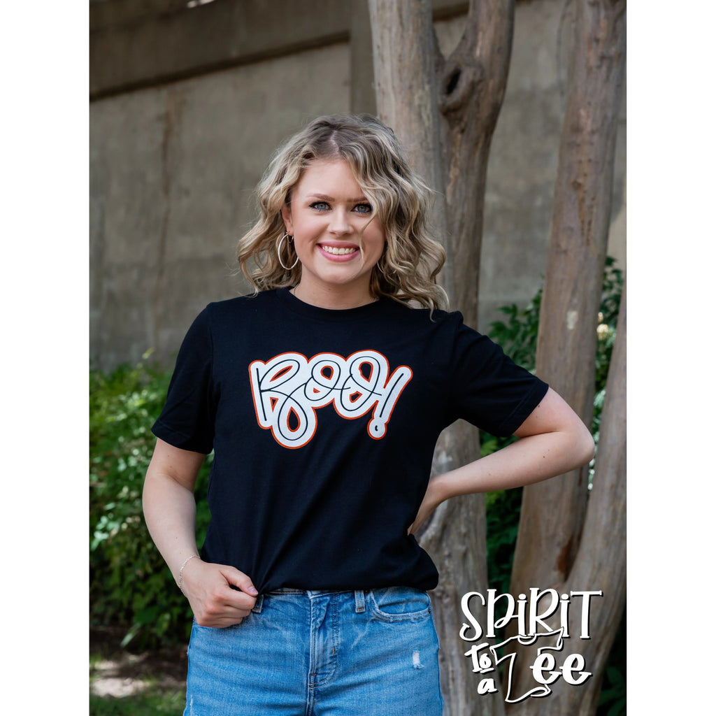 Boo with ghosts on back halloween tee