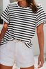Spring Scalloped Trim Round Neck Stripe T Shirt