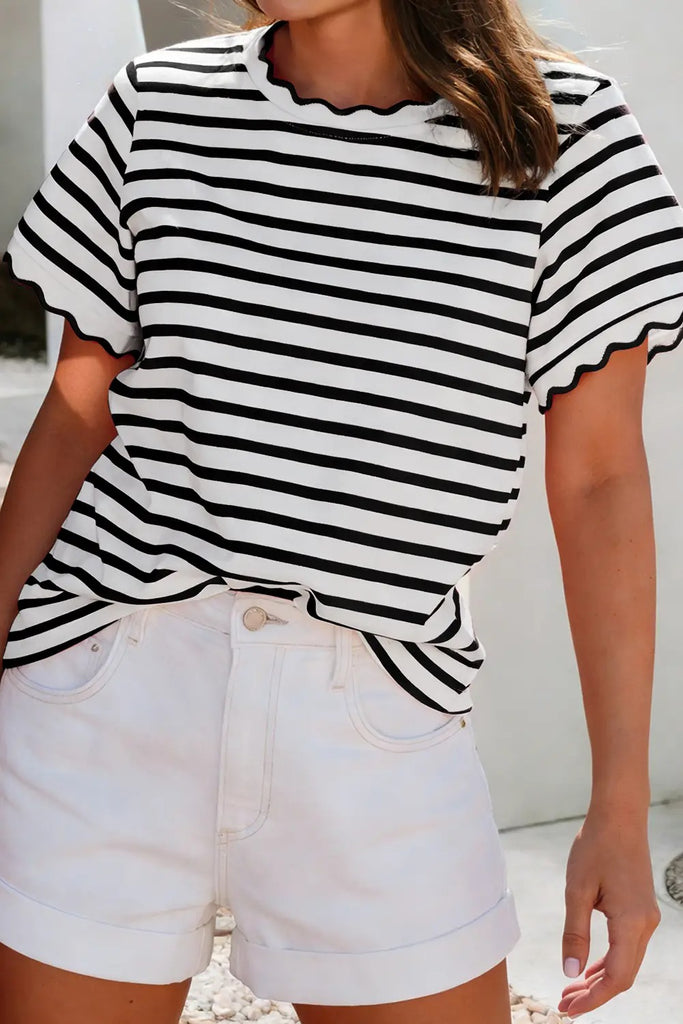 Spring Scalloped Trim Round Neck Stripe T Shirt