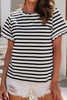 Spring Scalloped Trim Round Neck Stripe T Shirt