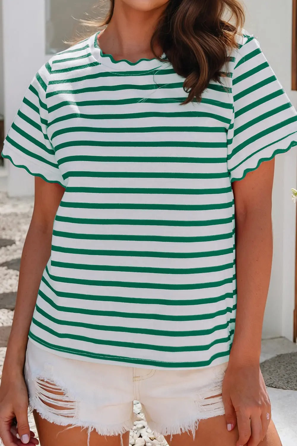 Spring Scalloped Trim Round Neck Stripe T Shirt