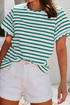 Spring Scalloped Trim Round Neck Stripe T Shirt