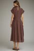 Polka dot short sleeve midi dress featuring a self-tie neck