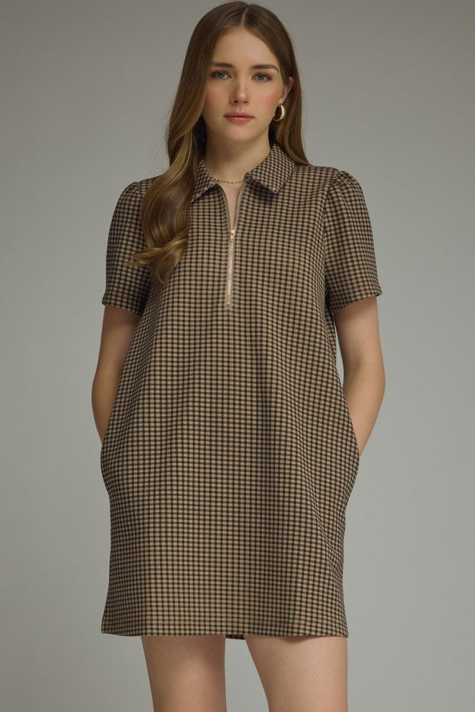 Gingham print short puff sleeve mini dress featuring half zip detail at front