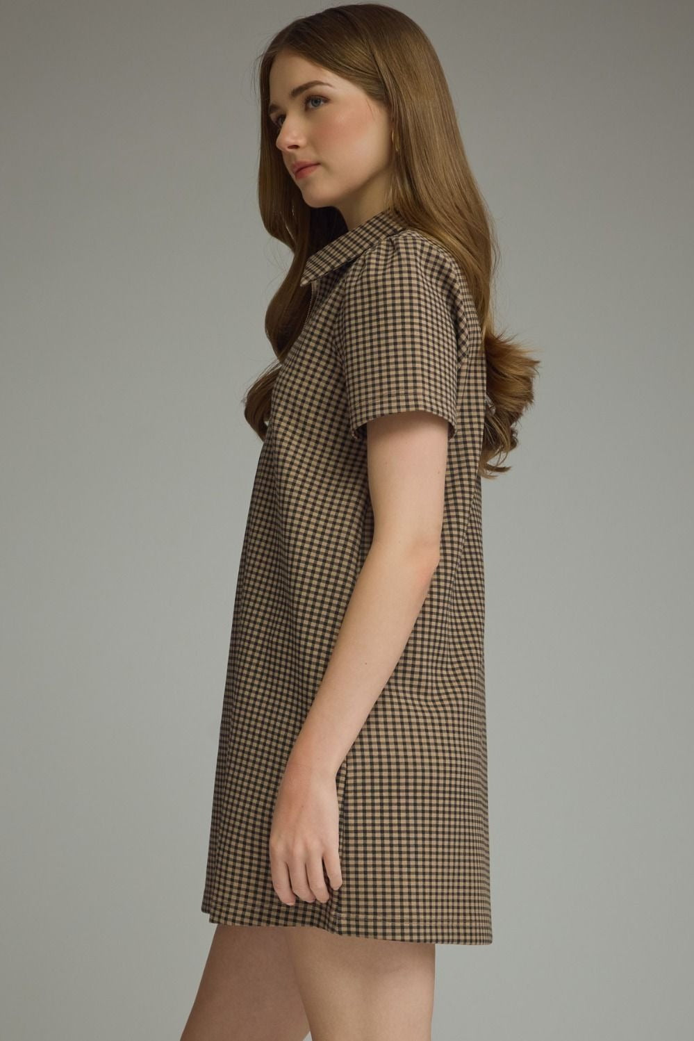 Gingham print short puff sleeve mini dress featuring half zip detail at front