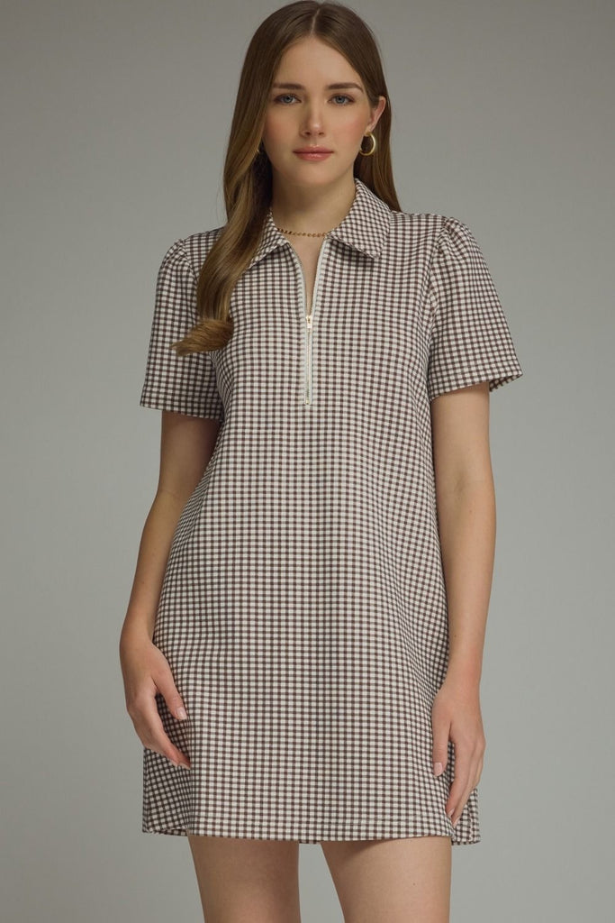 Gingham print short puff sleeve mini dress featuring half zip detail at front