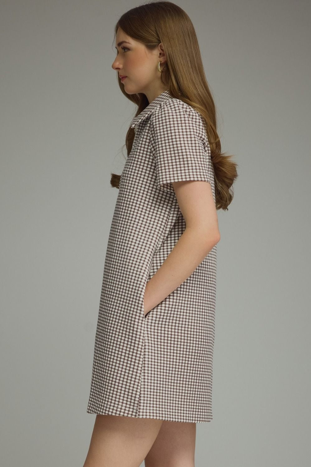 Gingham print short puff sleeve mini dress featuring half zip detail at front