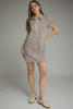 Gingham print short puff sleeve mini dress featuring half zip detail at front