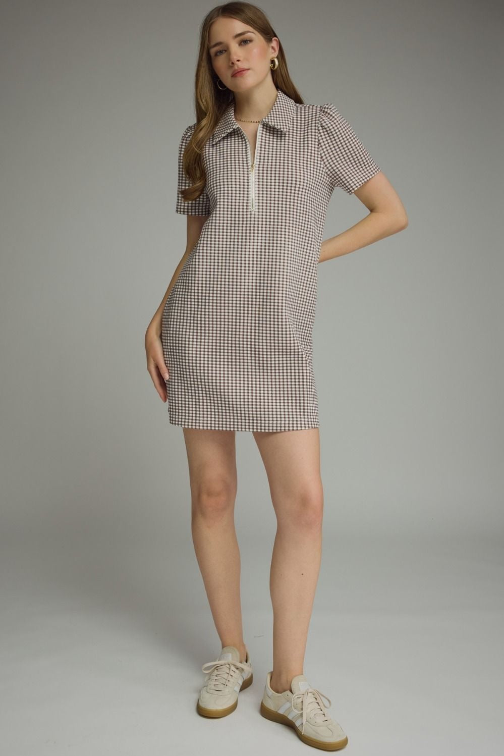 Gingham print short puff sleeve mini dress featuring half zip detail at front