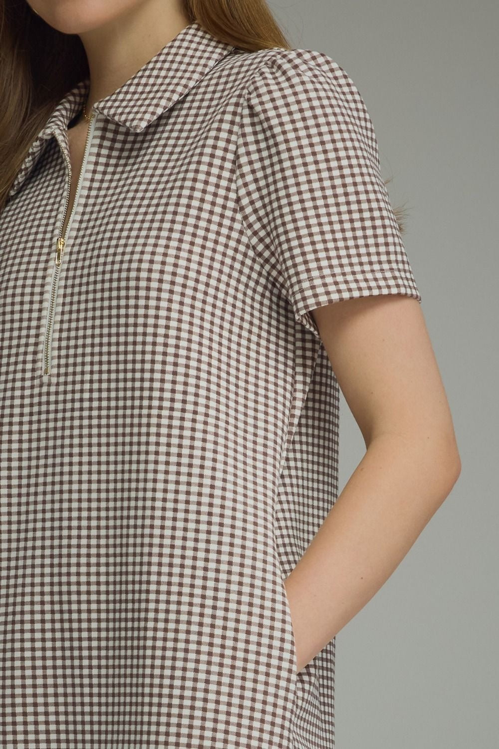 Gingham print short puff sleeve mini dress featuring half zip detail at front