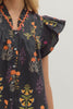 Botanical print short flutter sleeve top featuring pintuck bodice with embroidered trim V-neck